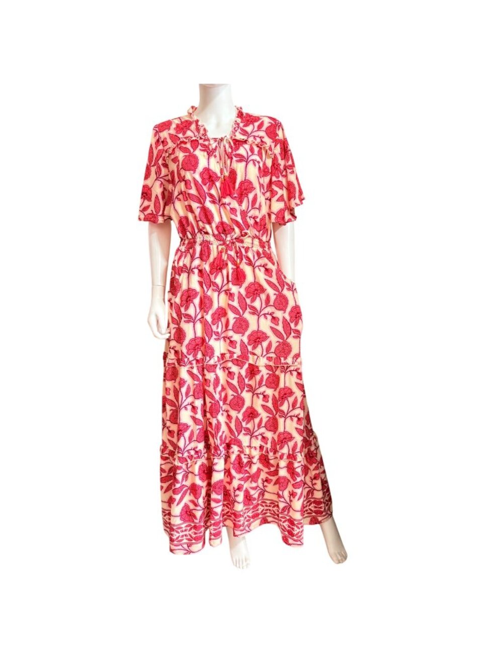 Boemo Maxi Dress Womens L Pink Floral Short Sleeve Tassel Tie Waist Tiered